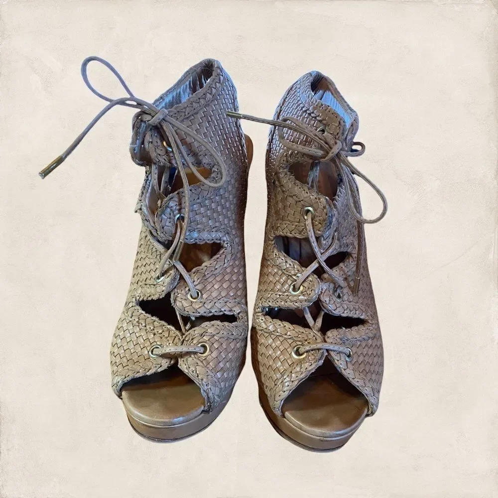 Schutz Woven Leather Gladiator Platform Heels 7 - Picture 3 of 5